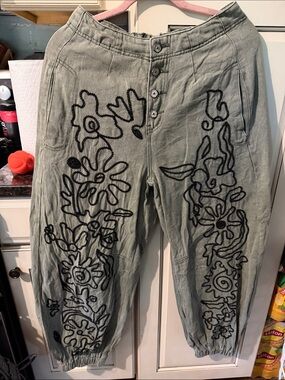 POL Sage Green denim Joggers with Black Floral Embroidery